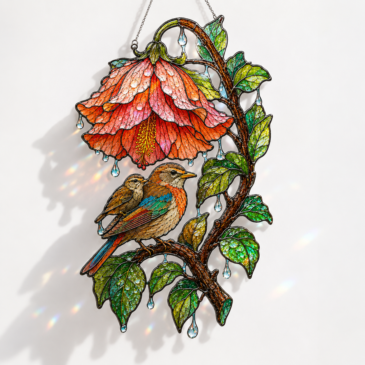 Robin & Red Hibiscus Holographic Acrylic Suncatcher