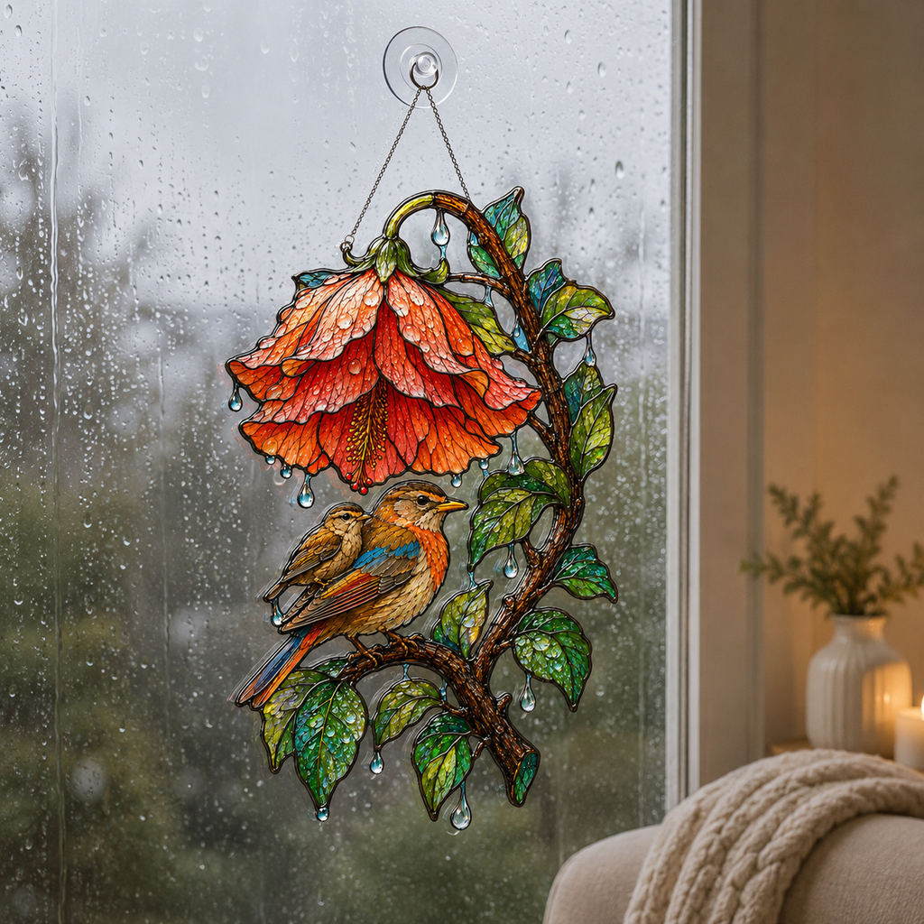 Robin & Red Hibiscus Holographic Acrylic Suncatcher