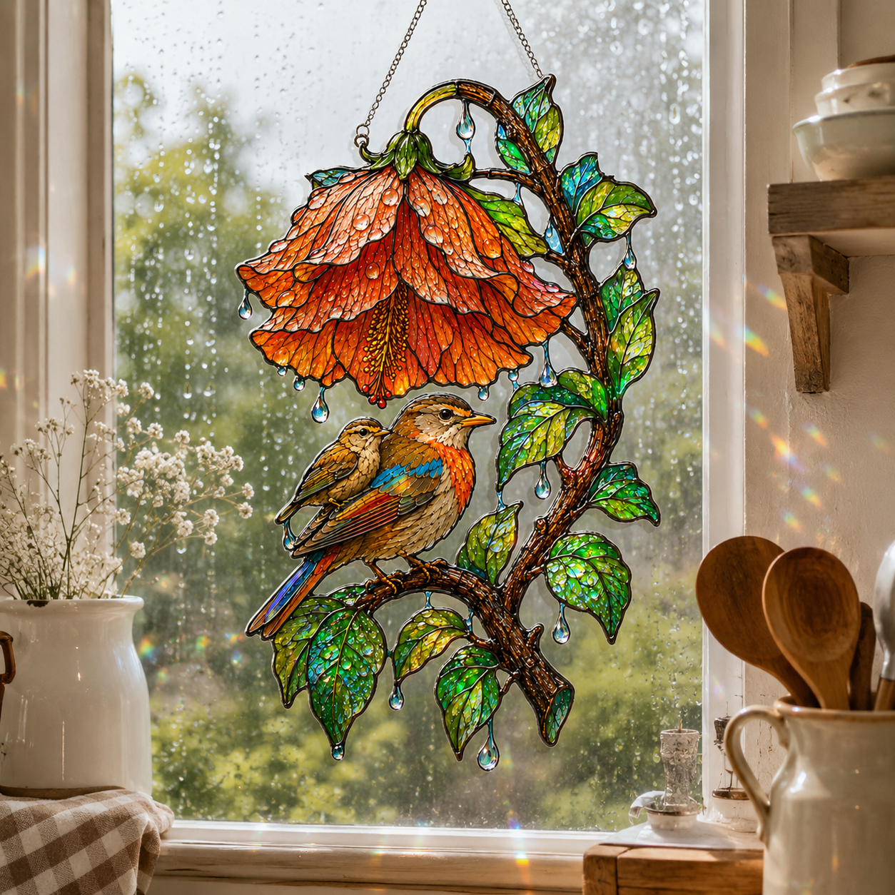 Robin & Red Hibiscus Holographic Acrylic Suncatcher