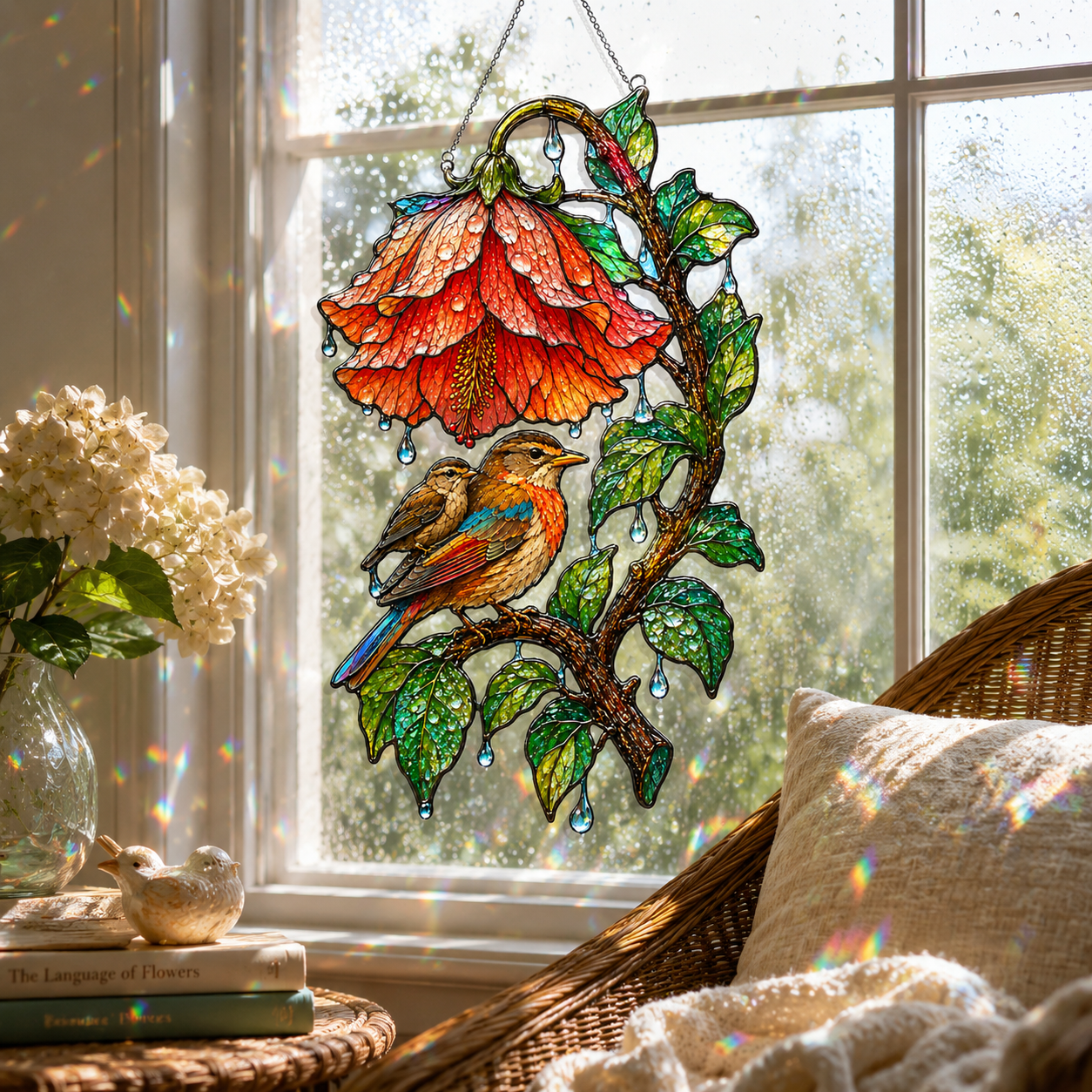 Robin & Red Hibiscus Holographic Acrylic Suncatcher