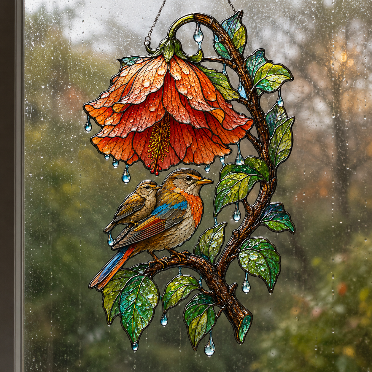 Robin & Red Hibiscus Holographic Acrylic Suncatcher