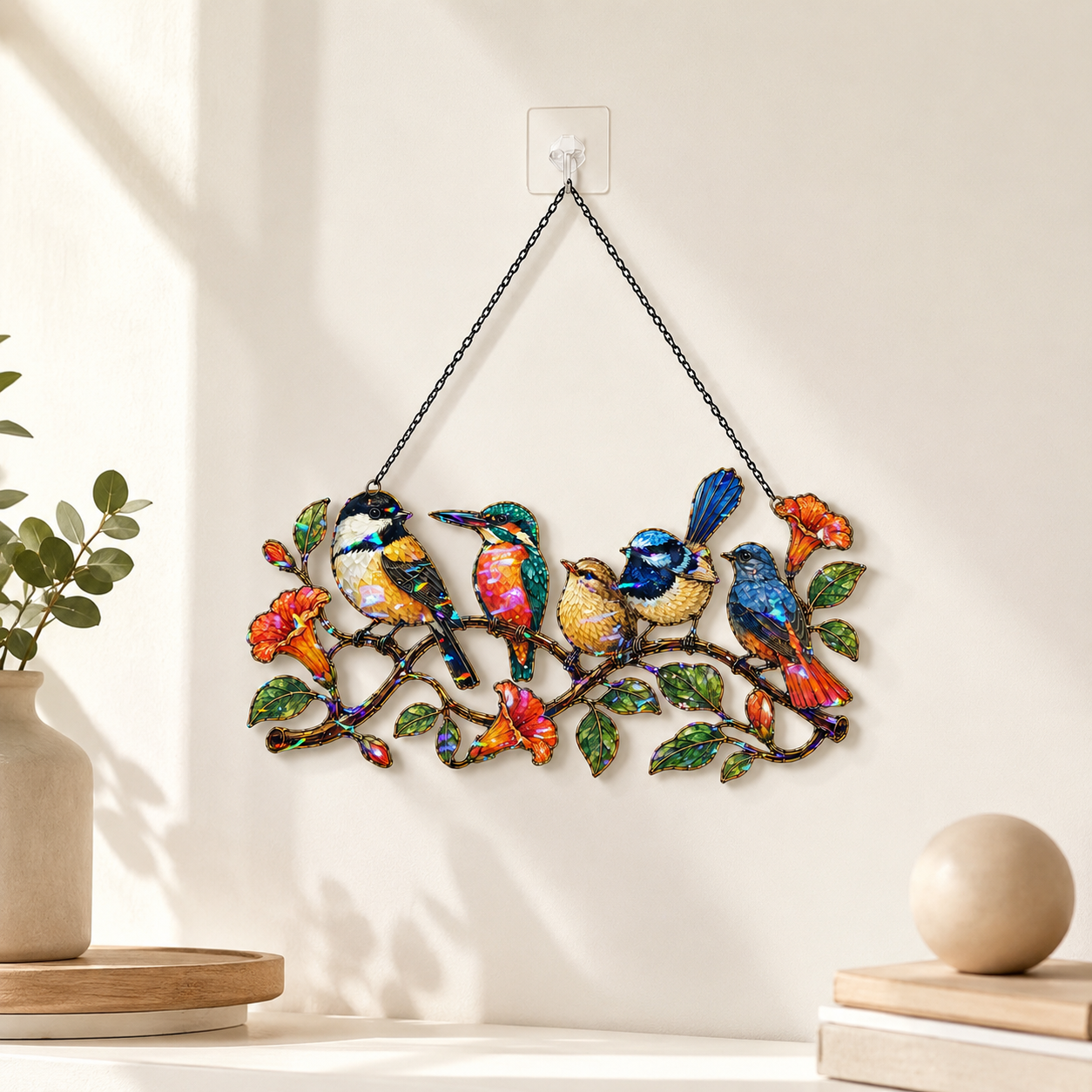 Colorful birds on a branch acrylic suncatcher available in 6, 8, 10 and 12 inch sizes