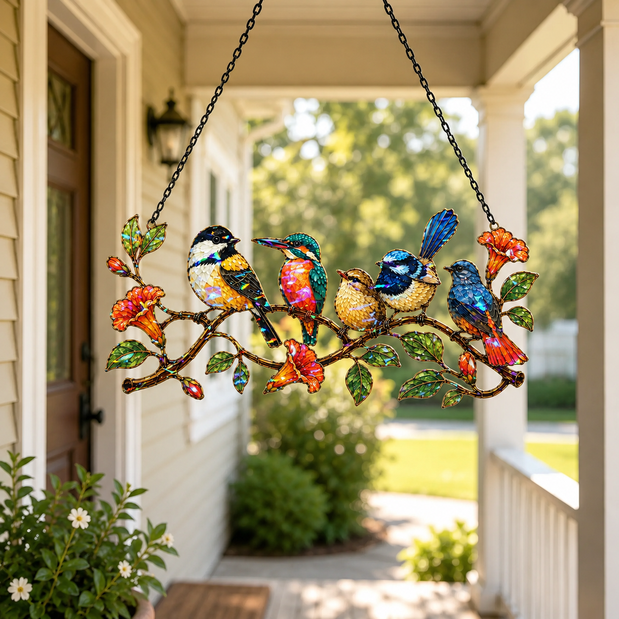 Colorful birds on a branch holographic acrylic suncatcher with rainbow broken-glass hologram finish, hanging window ornament