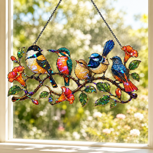 Close-up detail of the colorful birds on a branch holographic acrylic suncatcher's wavy acrylic and hologram texture