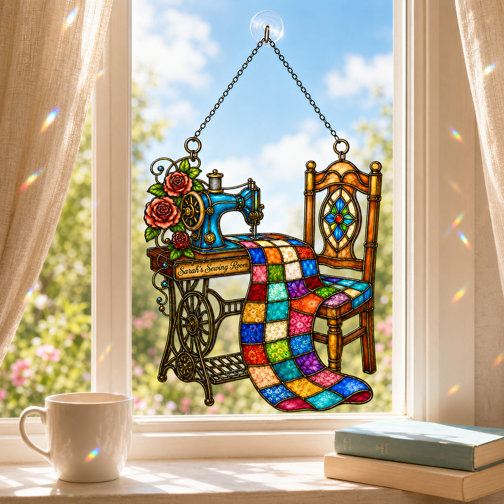 Personalized Sewing Room Quilt Holographic Acrylic Suncatcher