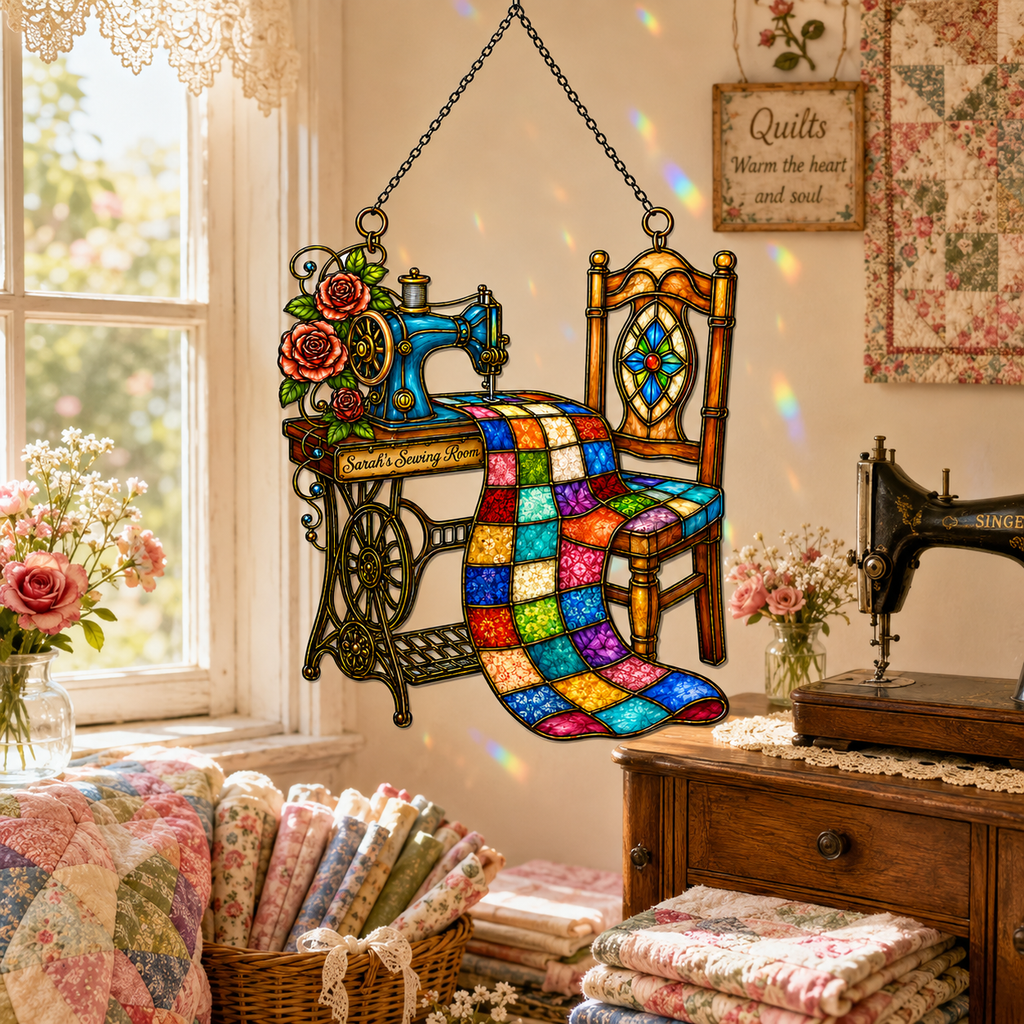 Personalized Sewing Room Quilt Holographic Acrylic Suncatcher