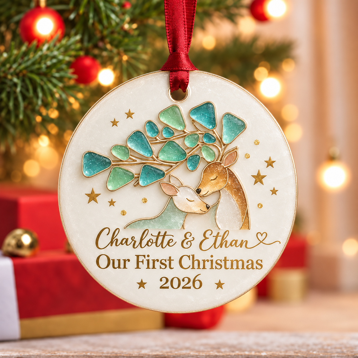 Personalized Our First Christmas Deer Couple with Gem Branch Ceramic Ornament