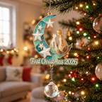 Personalized First Christmas 2026 Cat Couple on Crescent Moon Mirror Acrylic Ornament