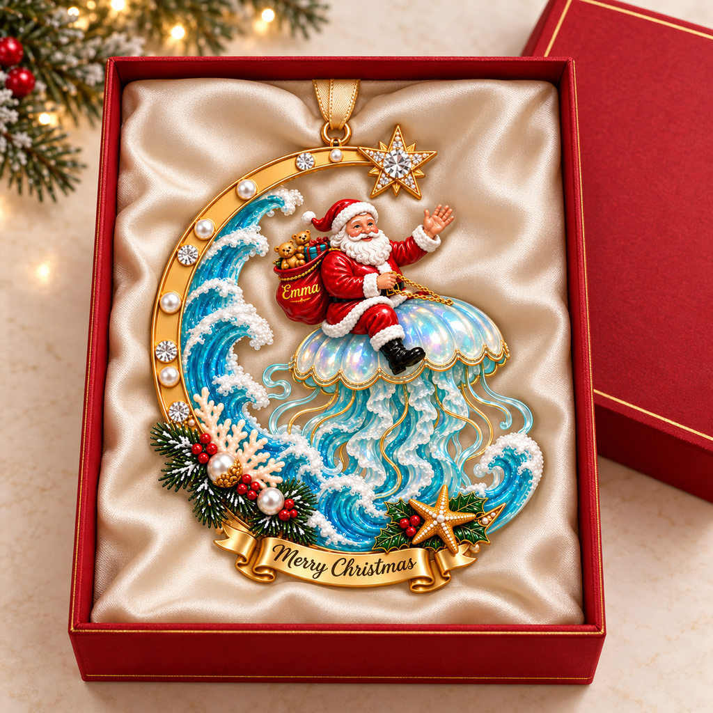 Personalized Coastal Santa Christmas Ornament — Santa on a Dolphin, Sea Turtle, Seahorse, Octopus, Jellyfish or Manta Ray, Custom Name