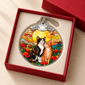 Calico and Tabby Cat Couple Poppy Sunset Glass Christmas Ornament
