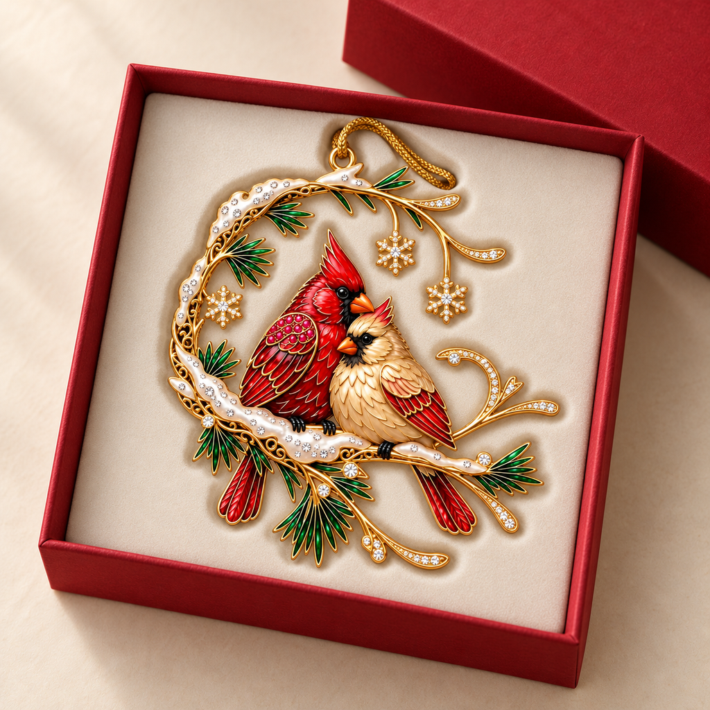 Cardinal Pair on a Snowy Pine Crescent Christmas Ornament