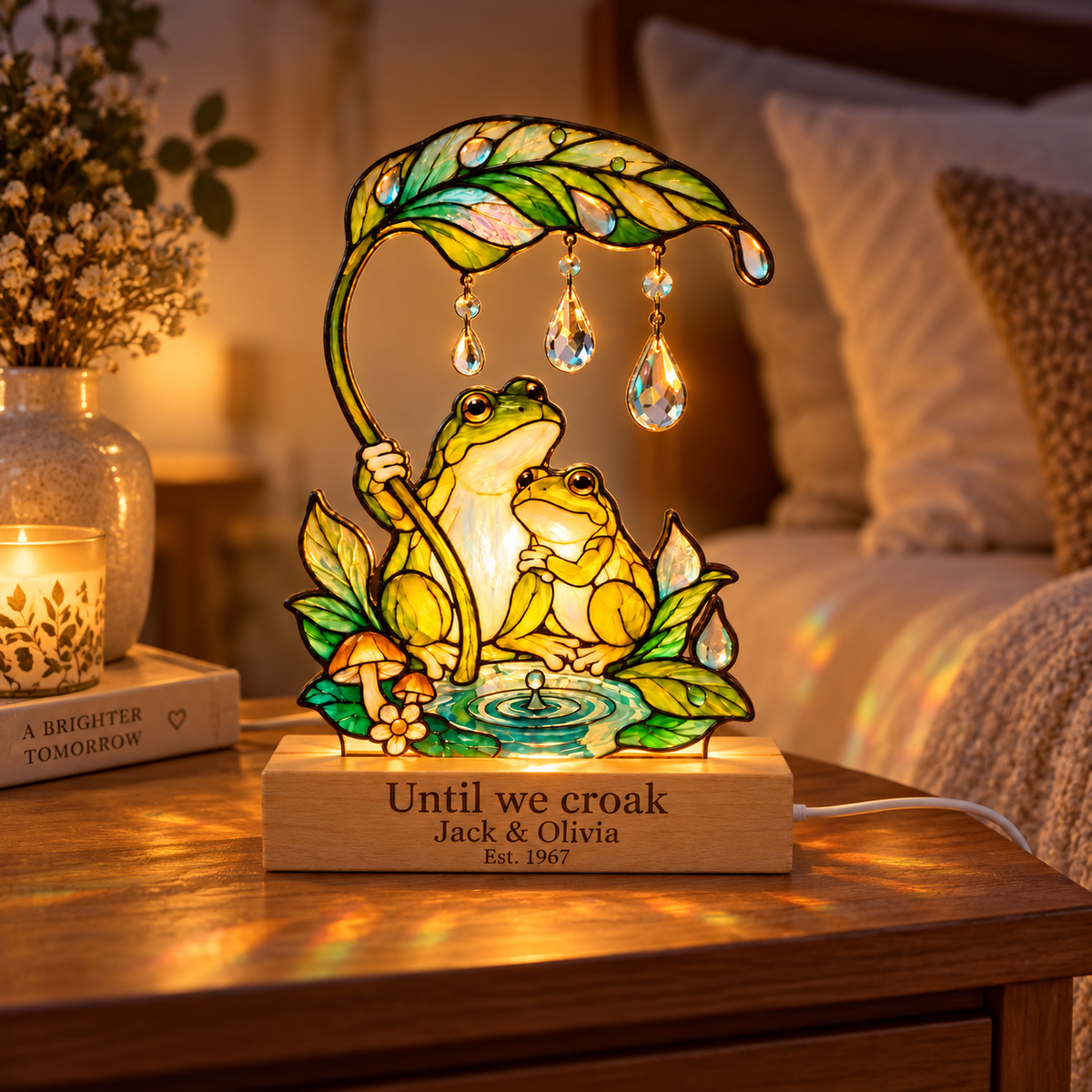 Until We Croak Frog Couple Leaf Umbrella Acrylic Night Light
