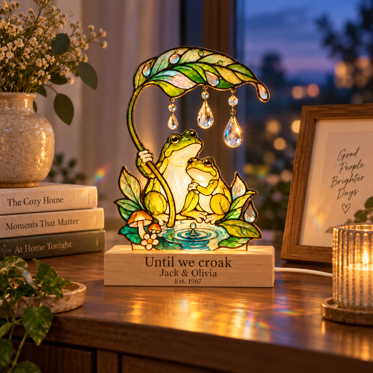 Until We Croak Frog Couple Leaf Umbrella Acrylic Night Light