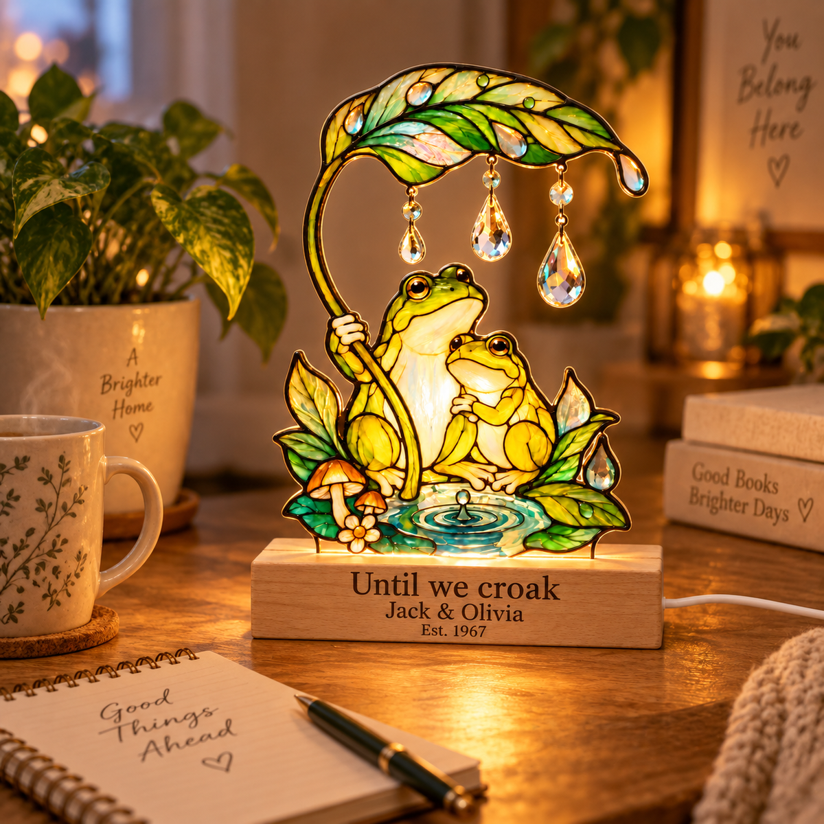 Until We Croak Frog Couple Leaf Umbrella Acrylic Night Light
