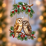 Barn Owl Couple on Holly Pine Branch Holographic Acrylic Suncatcher — Optional Names