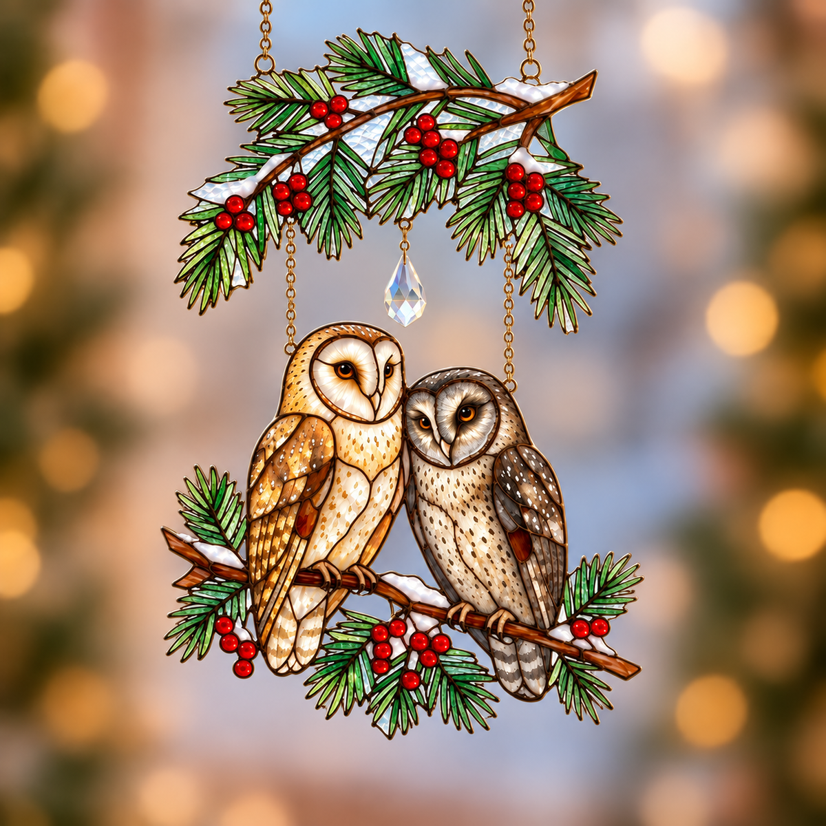 Barn Owl Couple on Holly Pine Branch Holographic Acrylic Suncatcher — Optional Names