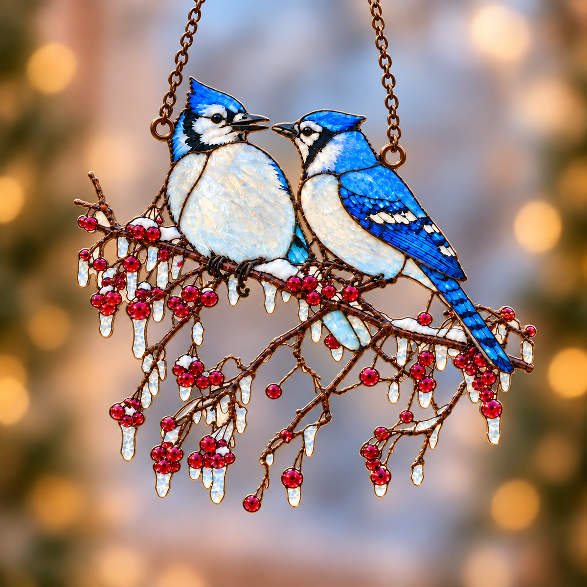 Blue Jay Couple on Icy Berry Branch Holographic Acrylic Suncatcher