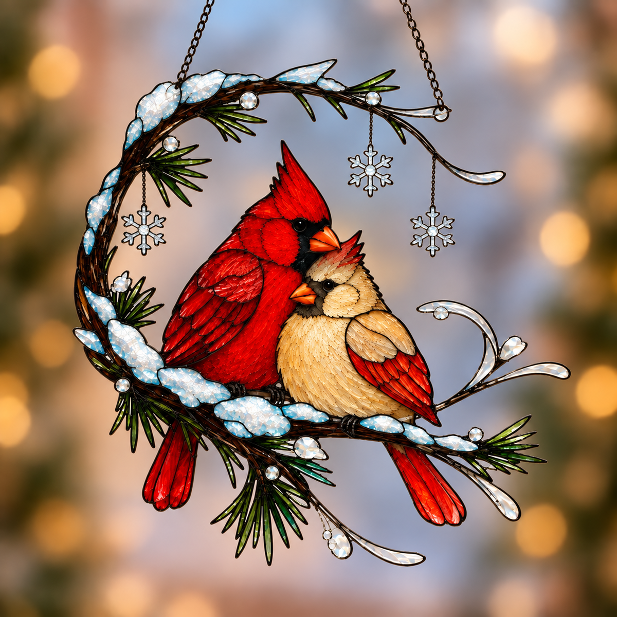 Cardinal Pair Snowy Crescent Branch Holographic Acrylic Suncatcher