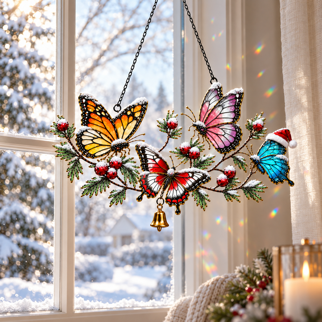 Winter Butterflies on Snowy Pine Branch Holographic Acrylic Suncatcher