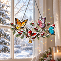 Winter Butterflies on Snowy Pine Branch Holographic Acrylic Suncatcher