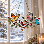 Winter Butterflies on Snowy Pine Branch Holographic Acrylic Suncatcher