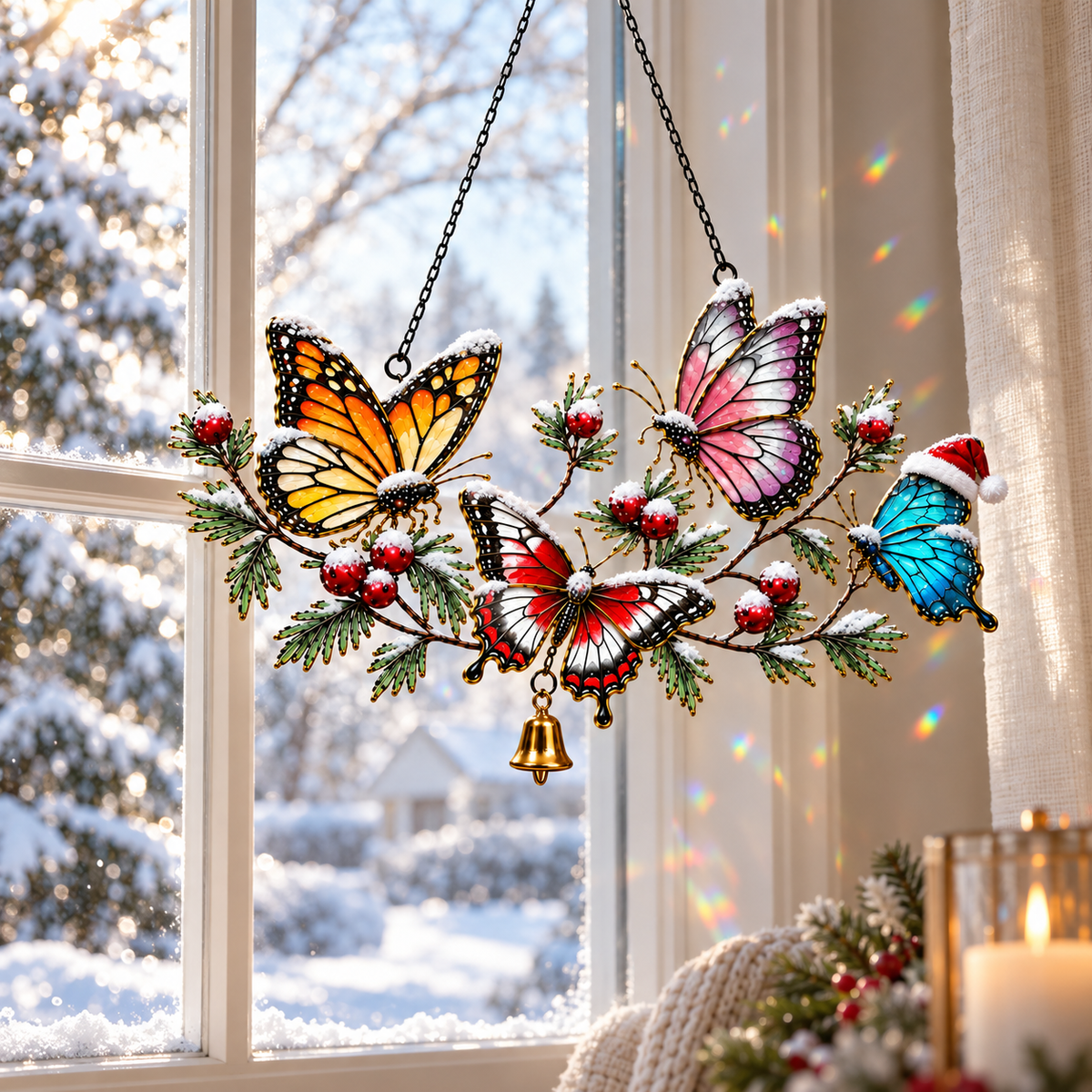 Winter Butterflies on Snowy Pine Branch Holographic Acrylic Suncatcher