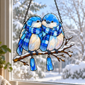 Bluebird Couple in Plaid Scarves on a Snowy Branch Holographic Acrylic Suncatcher