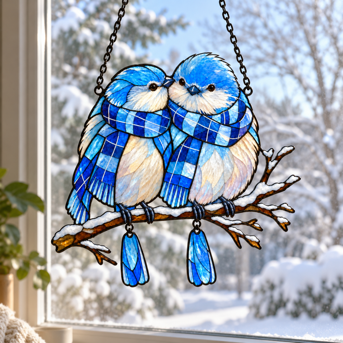 Bluebird Couple in Plaid Scarves on a Snowy Branch Holographic Acrylic Suncatcher