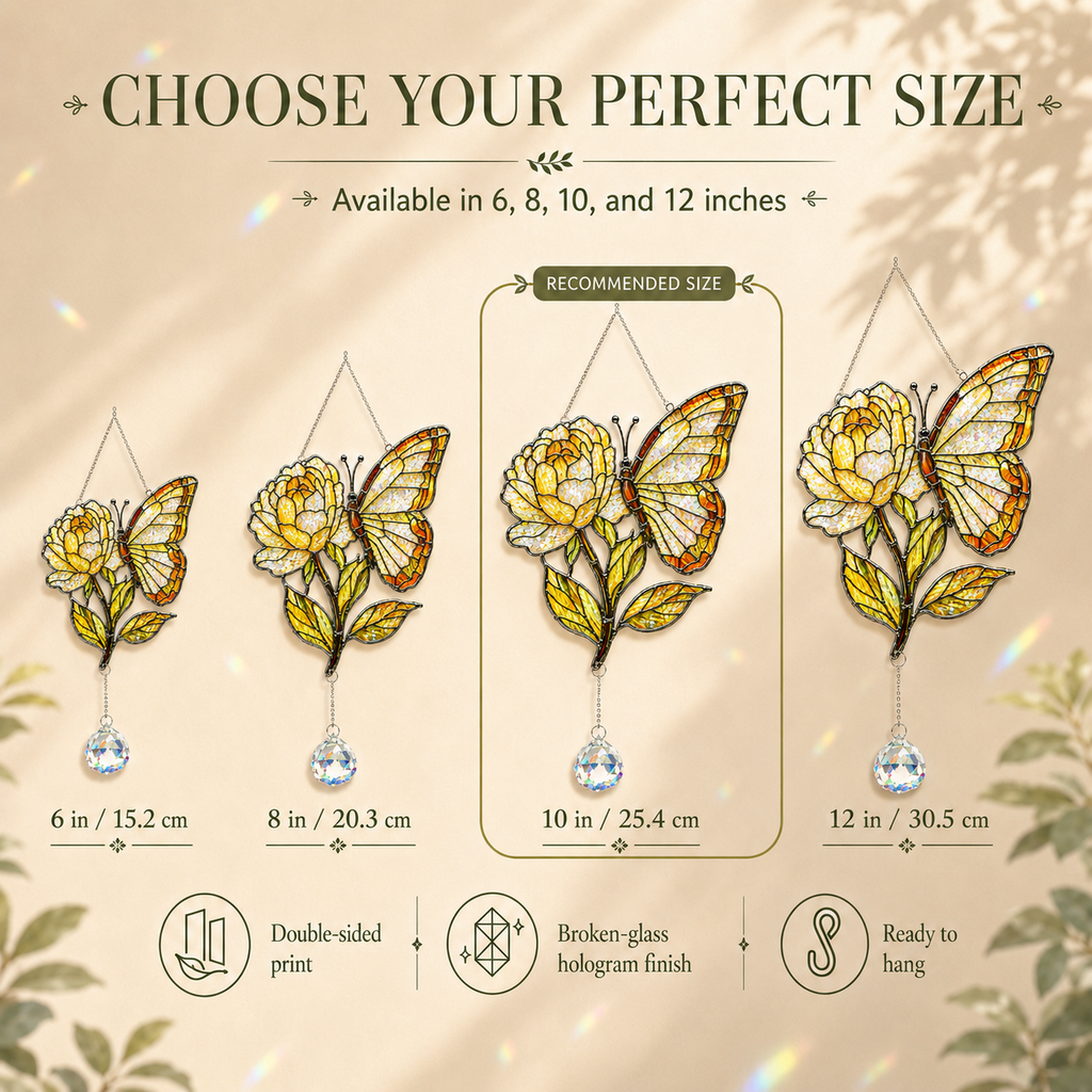 Butterfly yellow rose suncatcher size comparison available in 6, 8, 10, and 12 inches with recommended 10 inch size