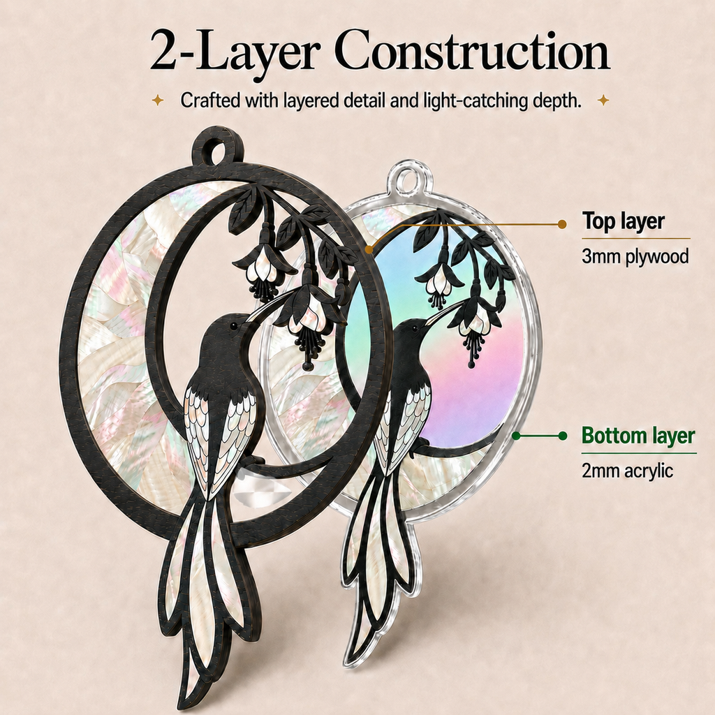 Close-up view of Hummingbird Crescent Moon suncatcher showing 2-layer construction: 3mm plywood top layer and 2mm acrylic bottom layer with iridescent artwork, highlighting craftsmanship and light-catching depth.