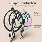 Close-up view of Hummingbird Crescent Moon suncatcher showing 2-layer construction: 3mm plywood top layer and 2mm acrylic bottom layer with iridescent artwork, highlighting craftsmanship and light-catching depth.