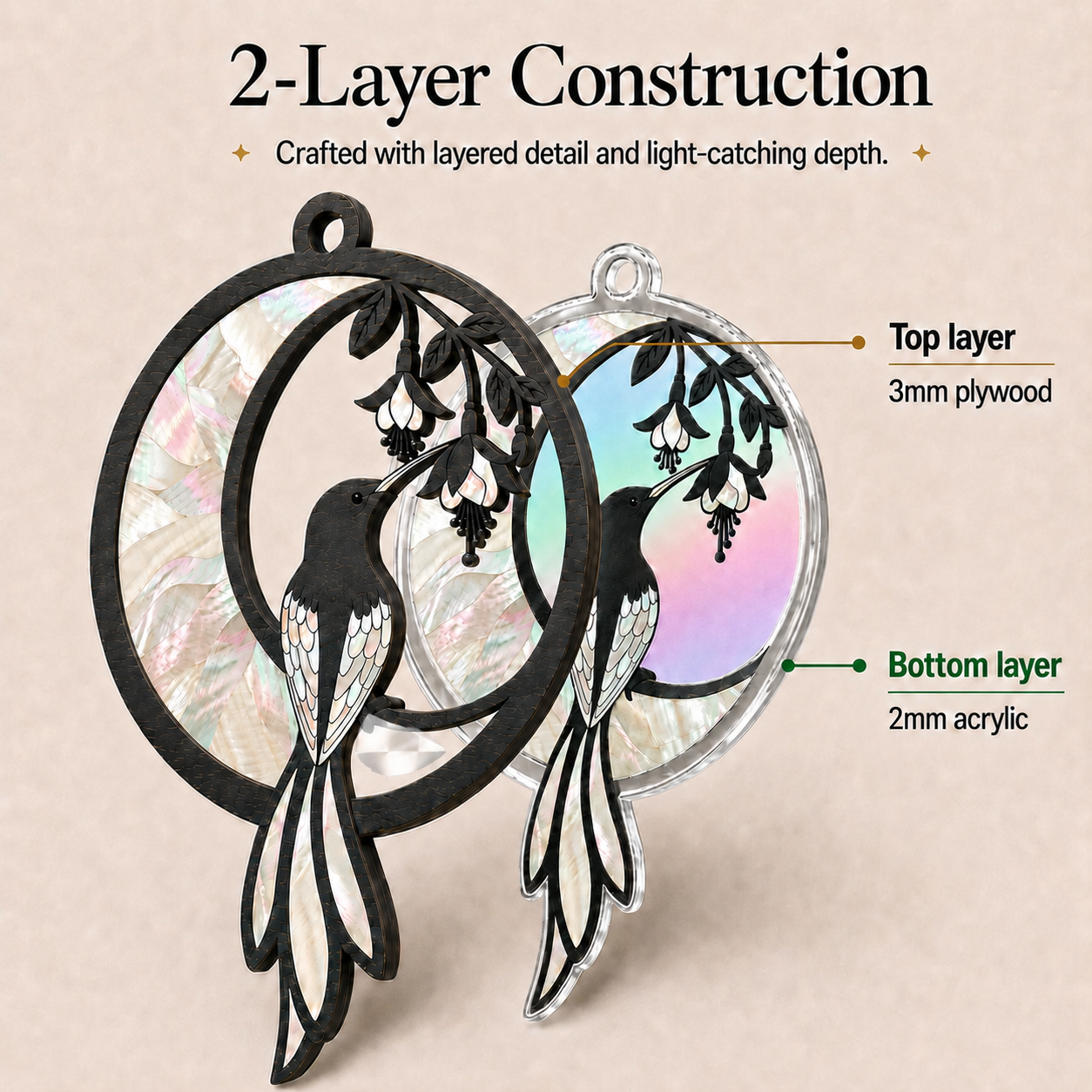 Close-up view of Hummingbird Crescent Moon suncatcher showing 2-layer construction: 3mm plywood top layer and 2mm acrylic bottom layer with iridescent artwork, highlighting craftsmanship and light-catching depth.