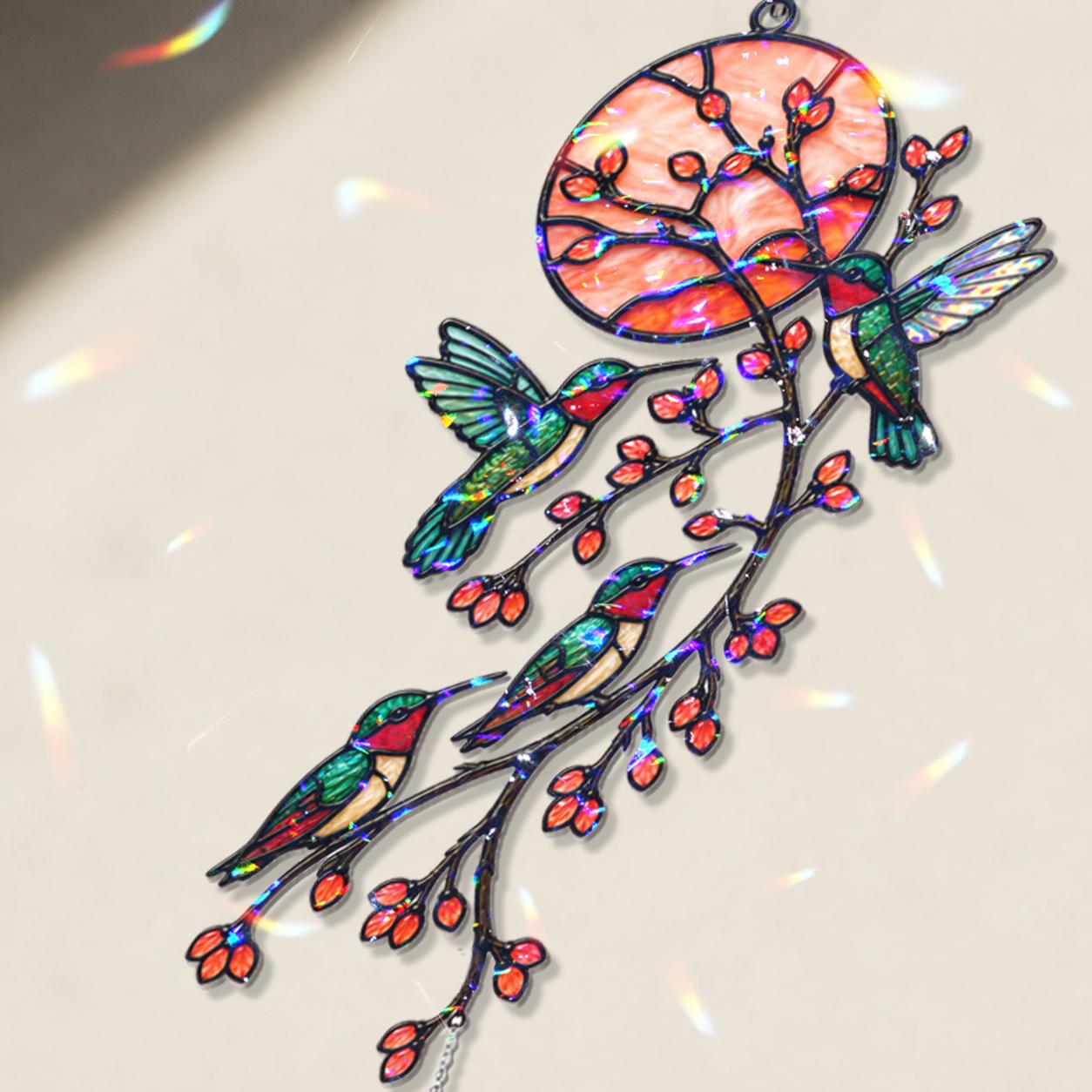Close-up of the hummingbird, pink mushroom, blossoms, and trailing vine design on holographic acrylic.