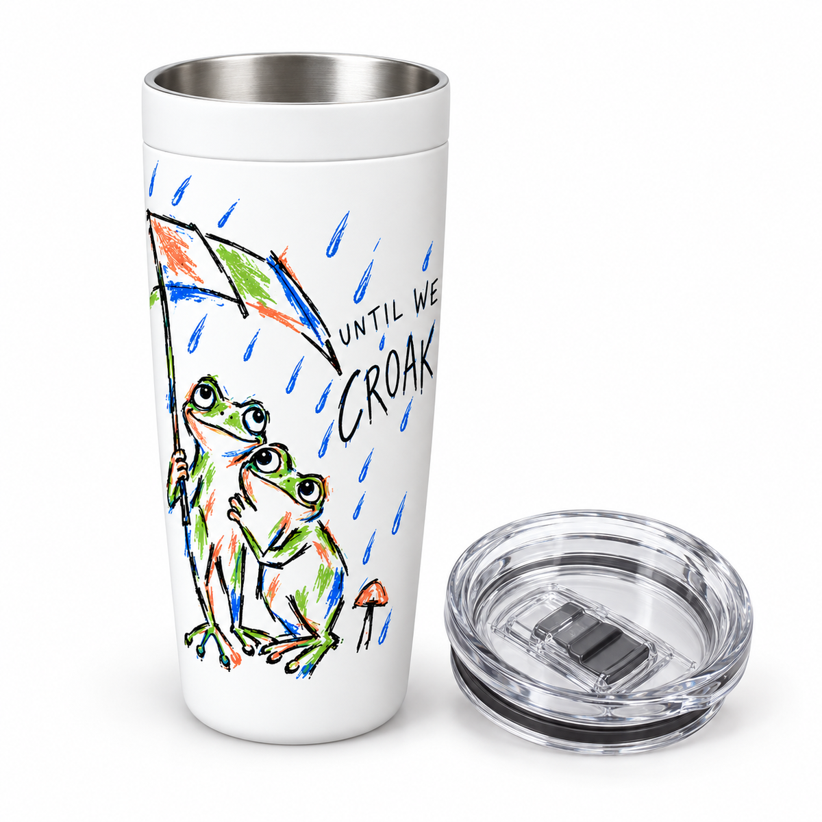 Until We Croak frog couple tumbler with its clear press-in twist lid removed