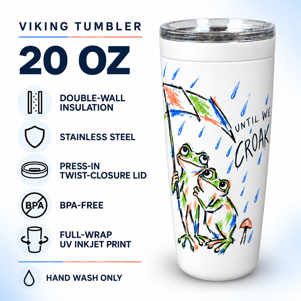 Viking Tumbler 20 oz specs: double-wall insulation, stainless steel, press-in twist lid, BPA-free, full-wrap UV inkjet print, hand wash only