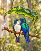 Wait Out the Rain Hummingbird Couple Suncatcher