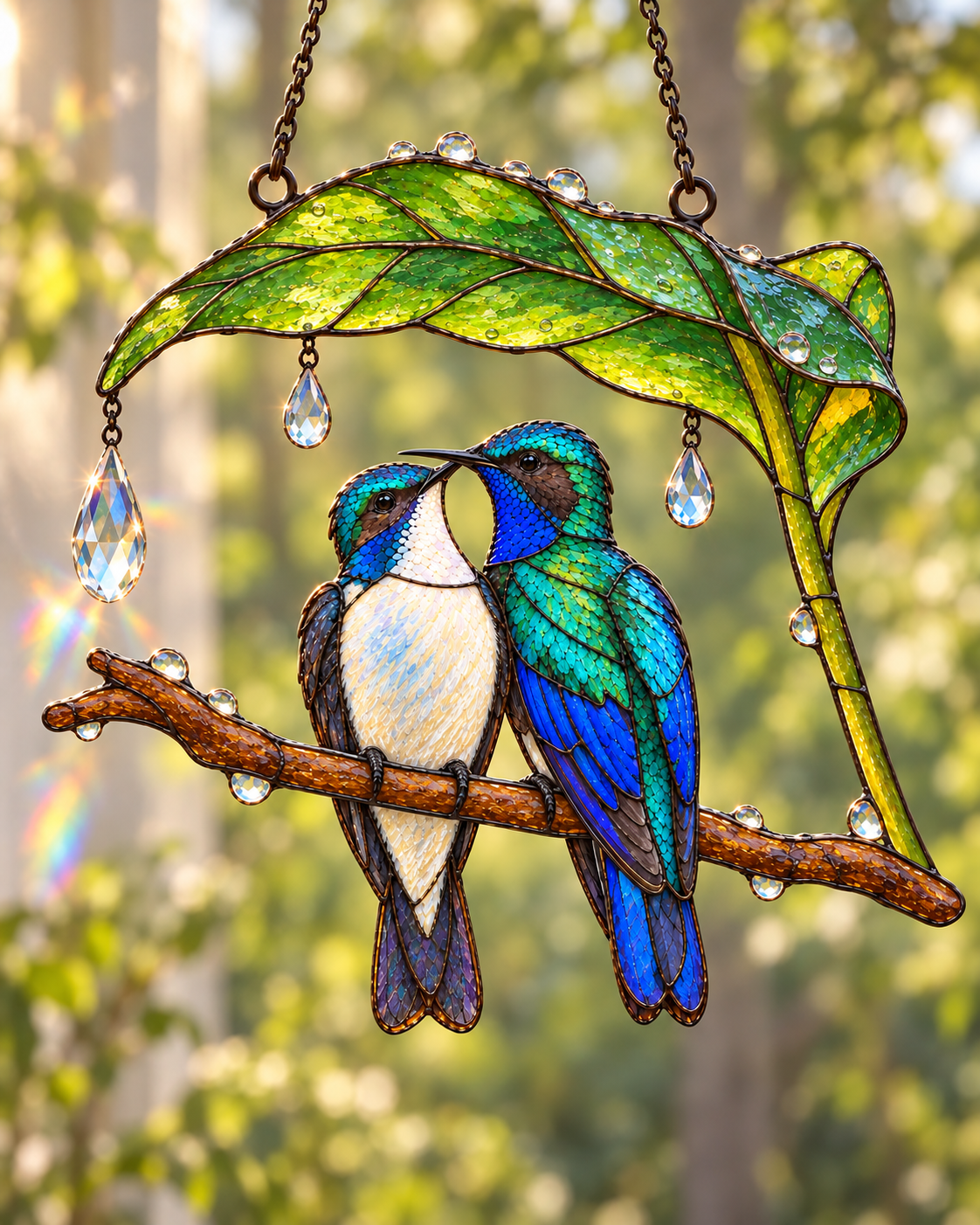 Wait Out the Rain Hummingbird Couple Suncatcher