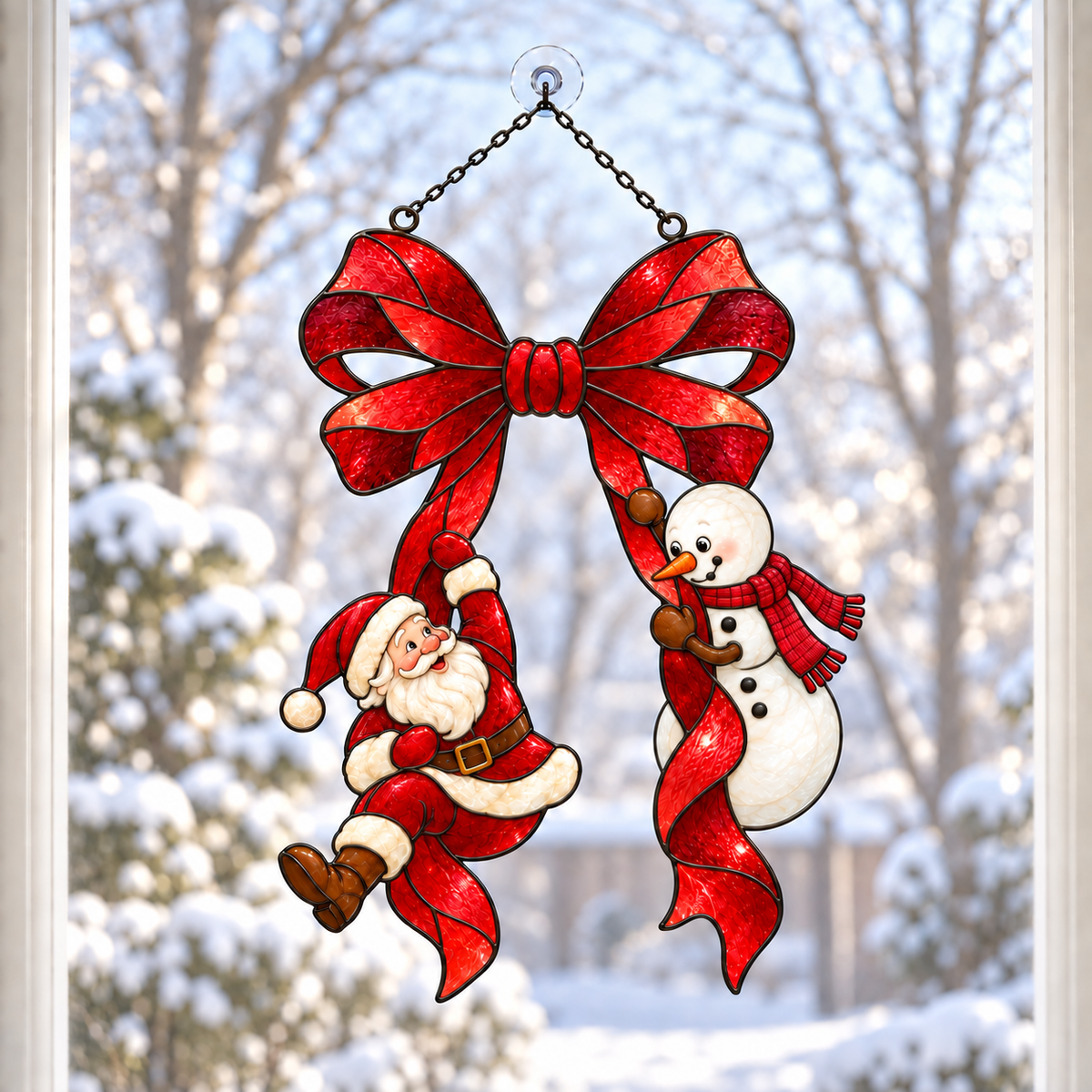 Santa & Snowman Swinging on a Red Bow Holographic Acrylic Suncatcher