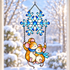 Mouse Couple Swinging under a Snowflake Holographic Acrylic Suncatcher