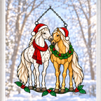 Horse Pair in Santa Hats with Wreath Holographic Acrylic Suncatcher