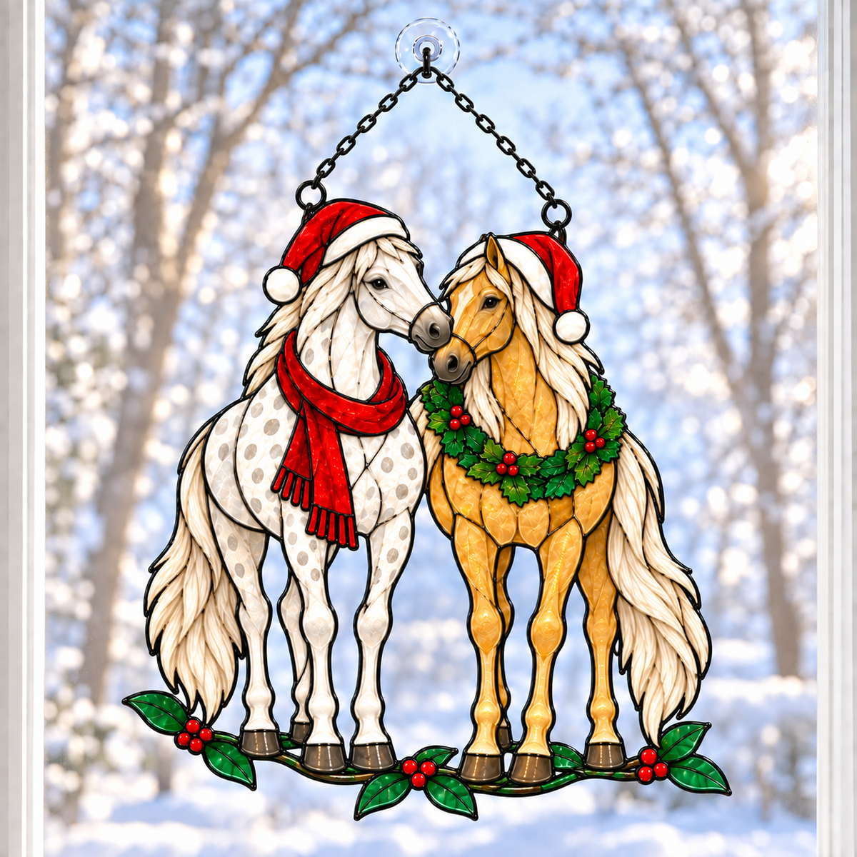 Horse Pair in Santa Hats with Wreath Holographic Acrylic Suncatcher