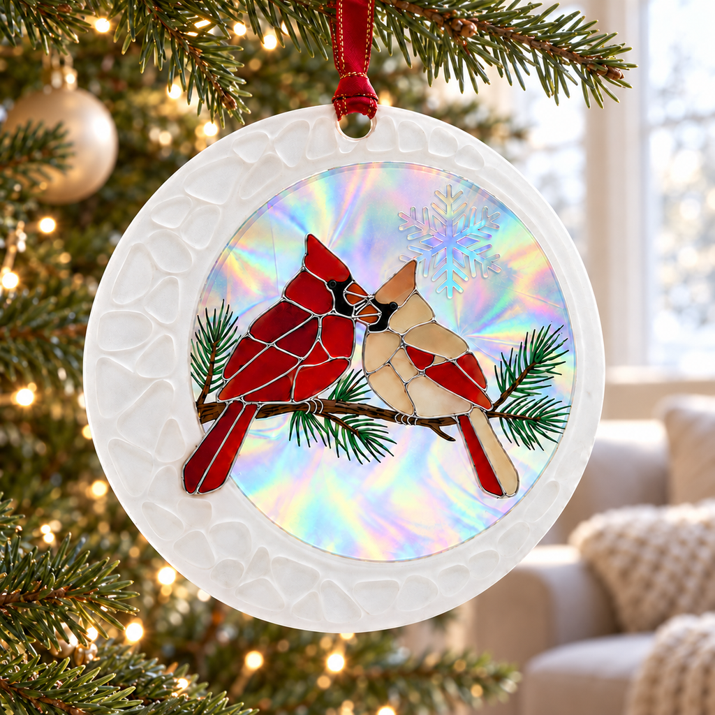Personalized Cardinal Pair Pine Branch Ceramic Christmas Ornament