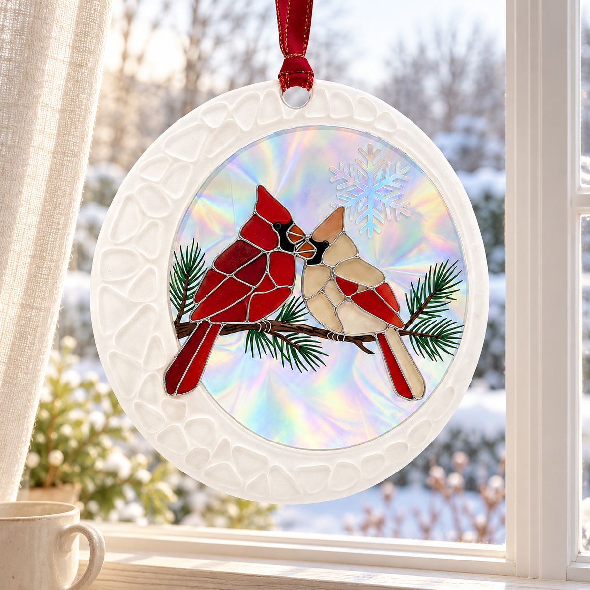 Personalized Cardinal Pair Pine Branch Ceramic Christmas Ornament