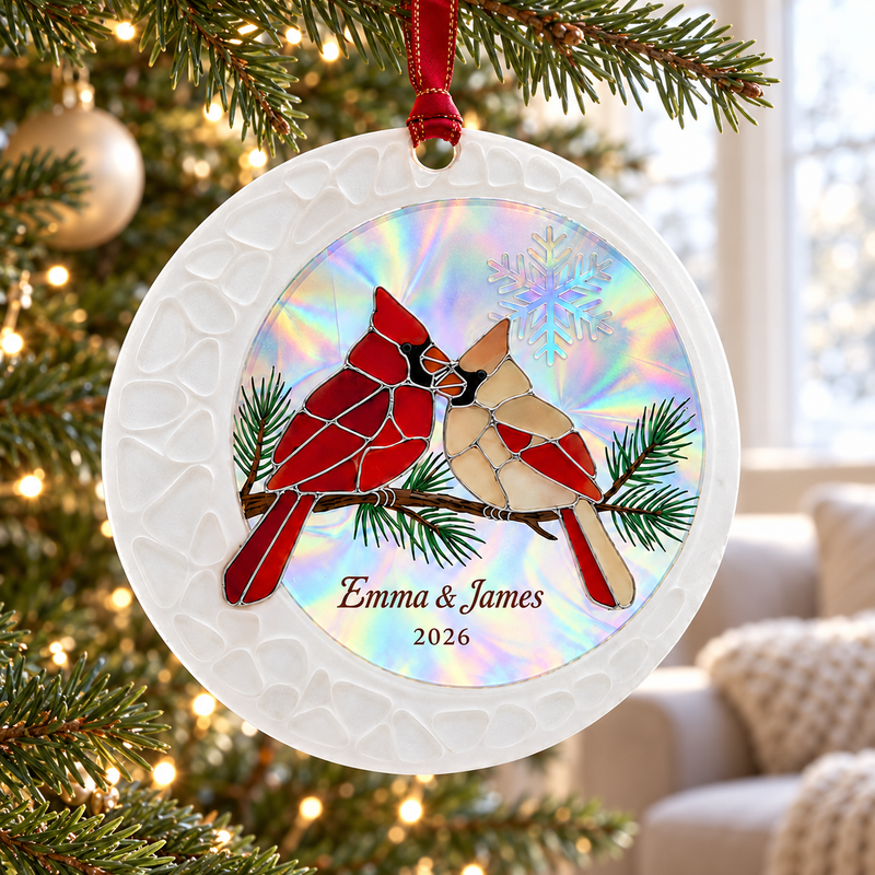 Personalized Cardinal Pair Pine Branch Ceramic Christmas Ornament