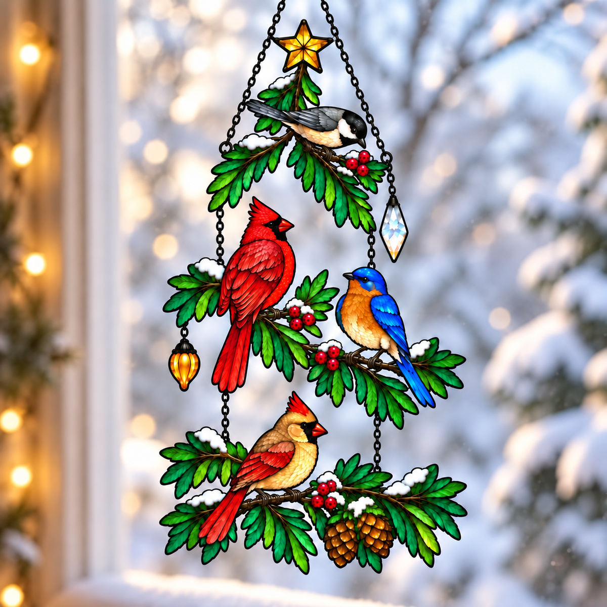 Cardinal & Bluebird Christmas Tree Holographic Acrylic Suncatcher