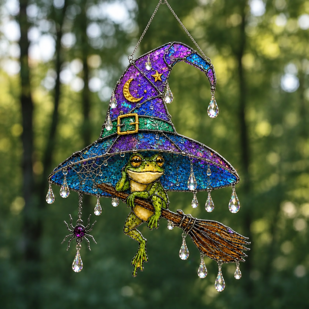 Witch Hat Frog & Broomstick Holographic Acrylic Suncatcher