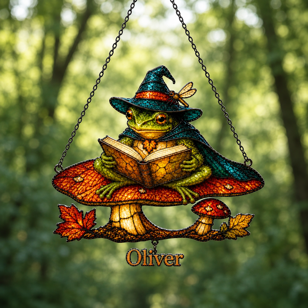 Witch Hat Frog on Mushroom Holographic Acrylic Suncatcher