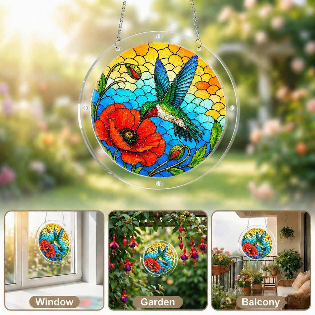 Collage of hummingbird poppy acrylic puzzle suncatcher displayed in bright window settings with colorful light effects