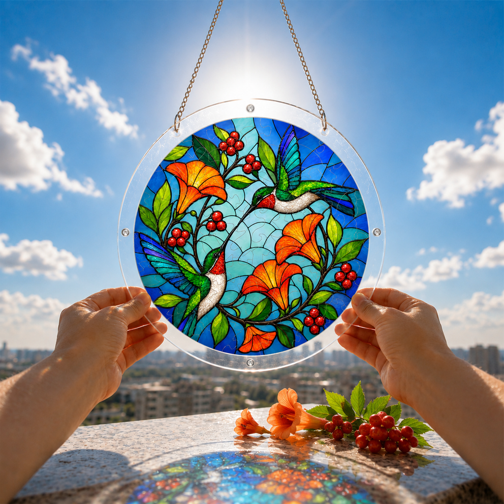 Hummingbird stained glass style puzzle suncatcher held up against a bright blue sky and garden background