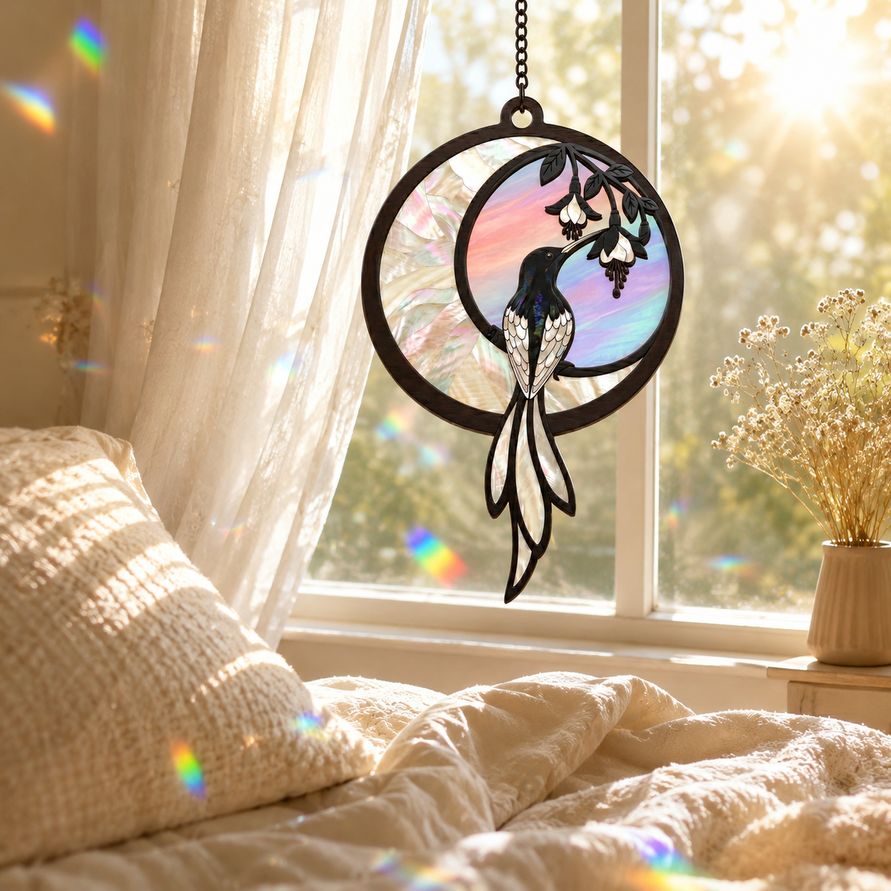 Decorative wall hanging with a bird design in front of a window with sunlight streaming through.